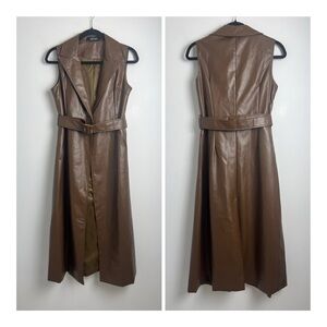 NEW SM Collection Small Brown Vegan Leather Sleeveless 1-Button Belted Dress
